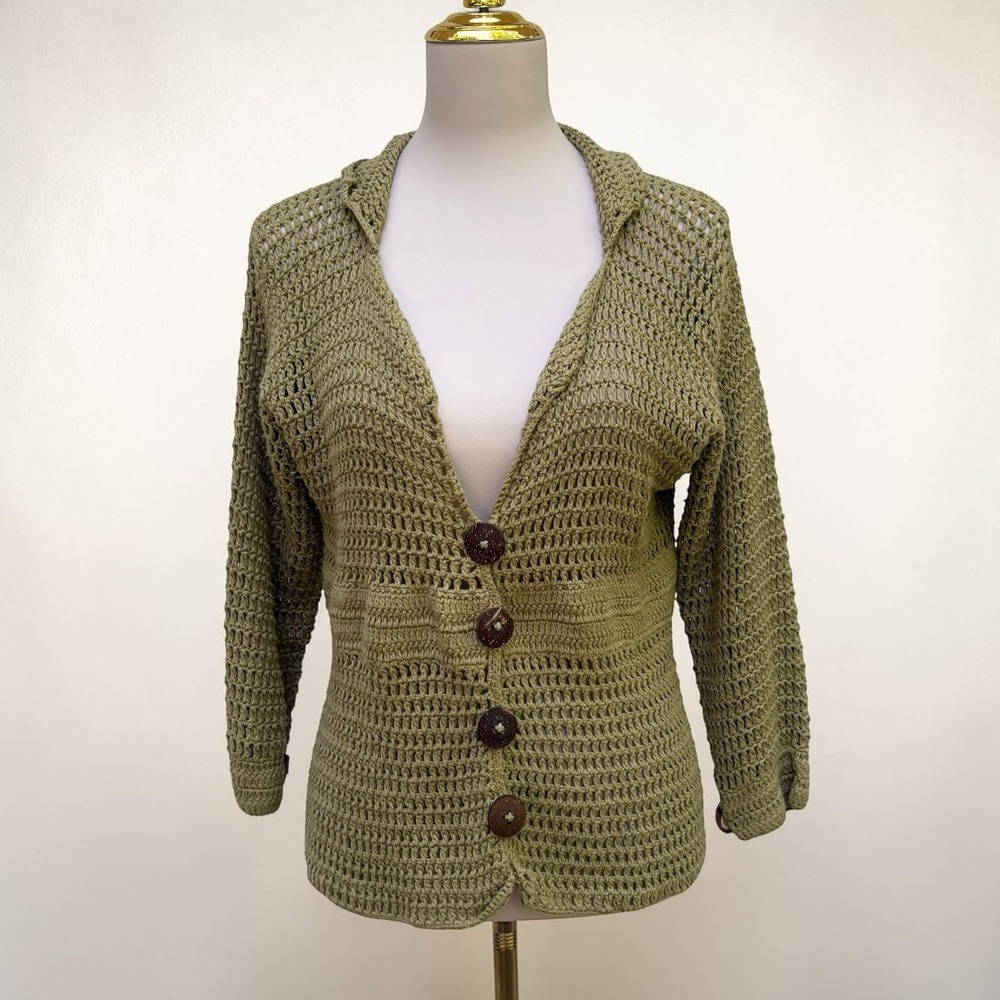 Pure Handknit Cardigan M/L Olive Green Crochet Cotton Boho Coastal Grandma Artsy